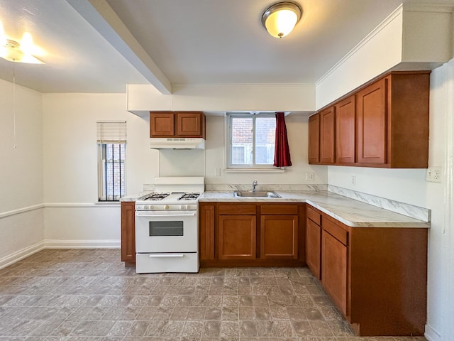 kitchen with sink, white gas range, and crown molding