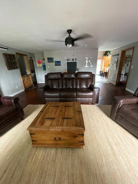 living room with hardwood / wood-style flooring and ceiling fan