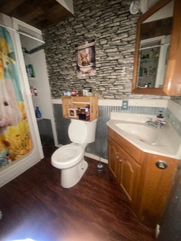 bathroom featuring toilet, vanity, and hardwood / wood-style floors