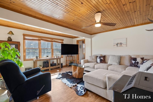 living room featuring hardwood / wood-style floors, wood ceiling, ornamental molding, and ceiling fan