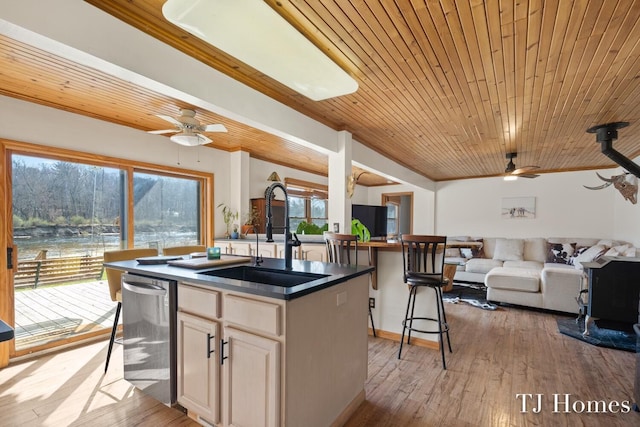 kitchen featuring sink, a center island with sink, wooden ceiling, a kitchen breakfast bar, and light hardwood / wood-style floors