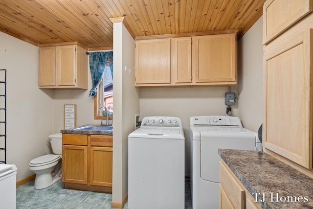 laundry room featuring sink, wood ceiling, and washing machine and clothes dryer