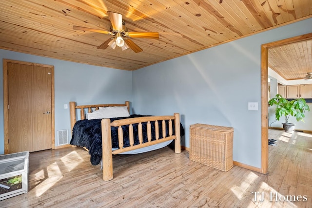 bedroom featuring light hardwood / wood-style flooring, wooden ceiling, and ceiling fan