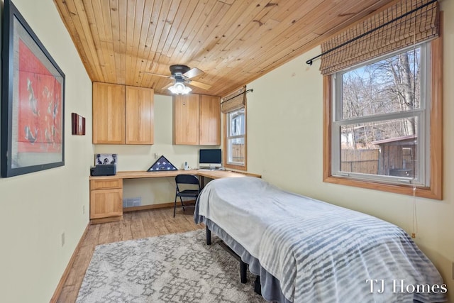 bedroom with multiple windows, wood ceiling, built in desk, and light hardwood / wood-style floors