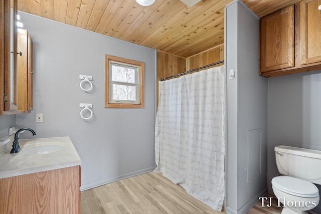 bathroom featuring walk in shower, toilet, wood ceiling, vanity, and hardwood / wood-style flooring