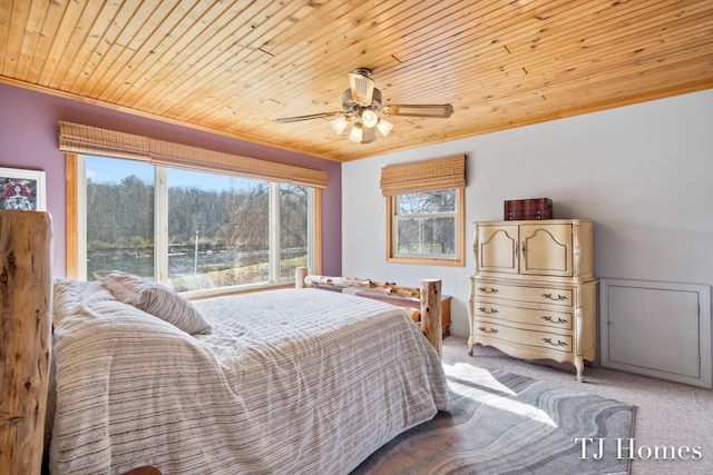 bedroom with light carpet, wood ceiling, and ceiling fan