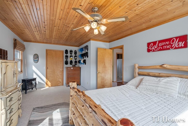 carpeted bedroom with crown molding, ceiling fan, wood ceiling, and a wood stove