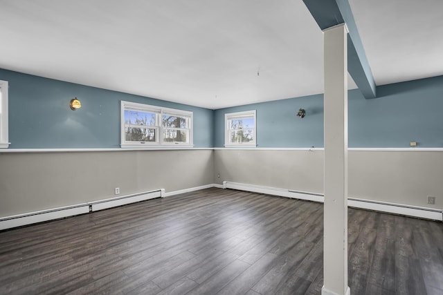 spare room with baseboard heating and dark wood-type flooring