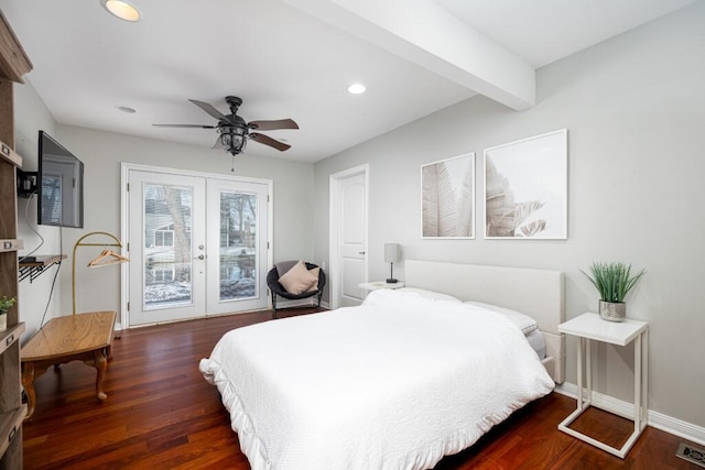 bedroom featuring dark hardwood / wood-style floors, access to outside, ceiling fan, beam ceiling, and french doors