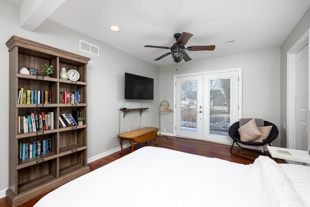 bedroom with access to outside, dark hardwood / wood-style floors, ceiling fan, and french doors