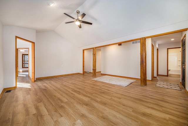 unfurnished living room with ceiling fan, lofted ceiling, and light hardwood / wood-style floors