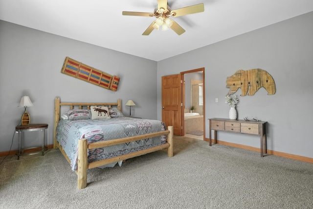 carpeted bedroom with connected bathroom and ceiling fan