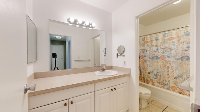 full bathroom featuring toilet, tile patterned flooring, vanity, and shower / tub combo with curtain