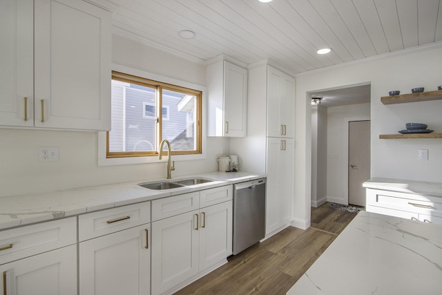 kitchen with stainless steel dishwasher, sink, light stone counters, and white cabinetry