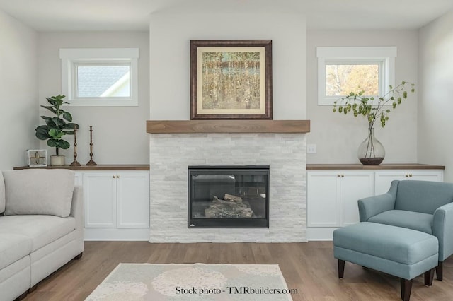 living room with hardwood / wood-style flooring, a stone fireplace, and a healthy amount of sunlight