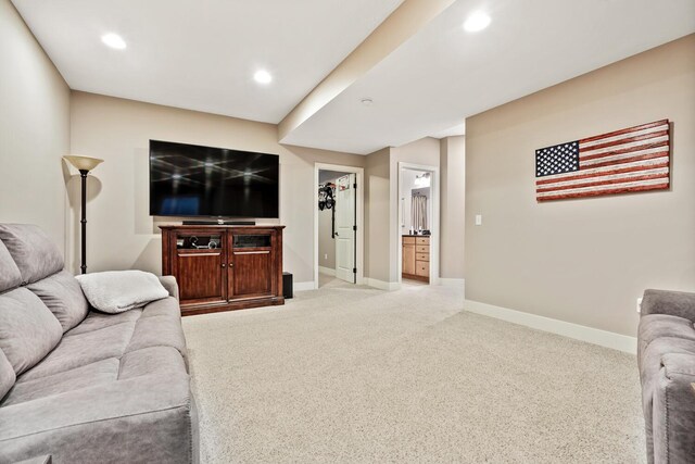 living room with light colored carpet