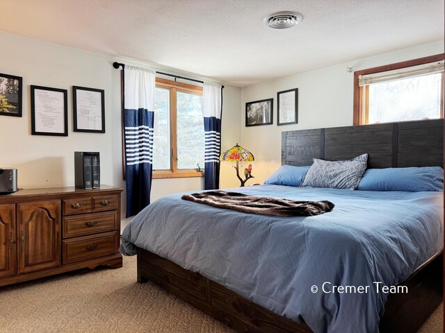 bedroom featuring a textured ceiling and light colored carpet