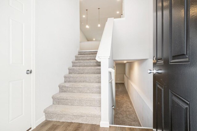 staircase with hardwood / wood-style flooring