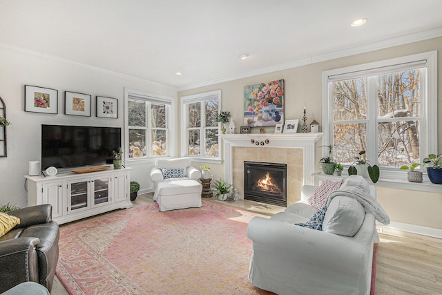 living room featuring light wood-type flooring, crown molding, and a fireplace