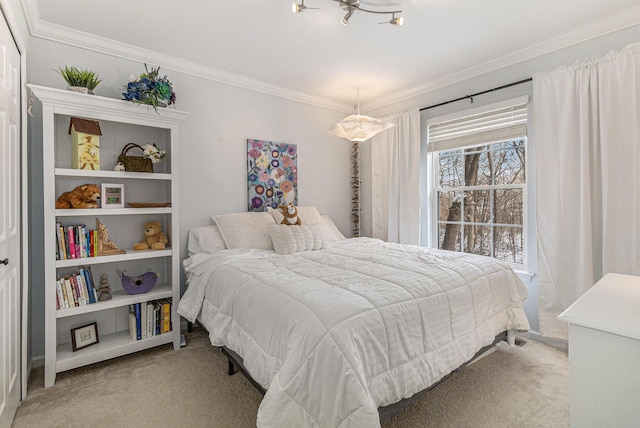 bedroom featuring crown molding and light carpet