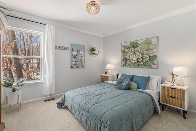 bedroom featuring carpet floors and ornamental molding