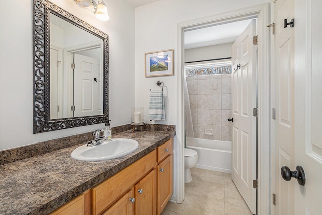 full bathroom with toilet, shower / tub combo, tile patterned floors, and vanity