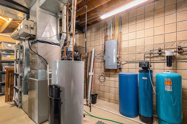 utility room featuring water heater and electric panel