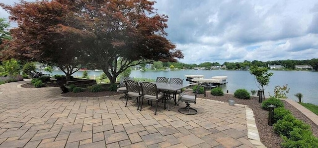 view of patio with a water view