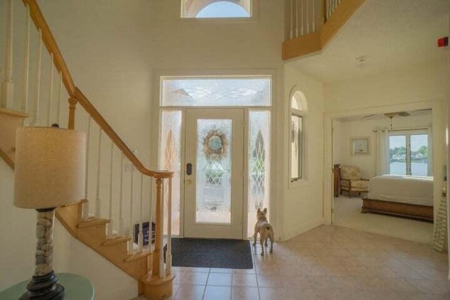 foyer featuring a wealth of natural light, light tile patterned floors, and a towering ceiling