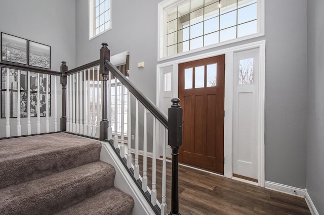 entryway with dark hardwood / wood-style flooring and a high ceiling