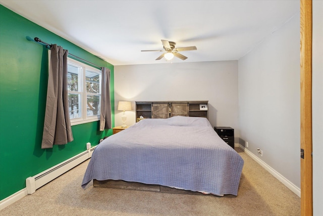 bedroom with ceiling fan, carpet floors, and a baseboard radiator