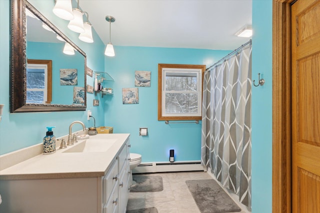 bathroom featuring a baseboard heating unit, vanity, toilet, and a shower with shower curtain