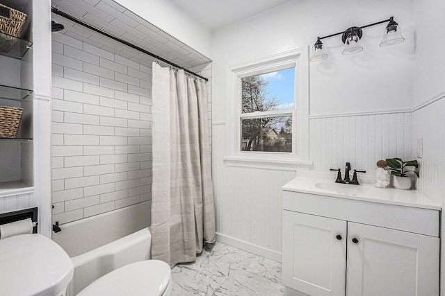 full bathroom featuring toilet, vanity, wooden walls, and shower / bath combination with curtain