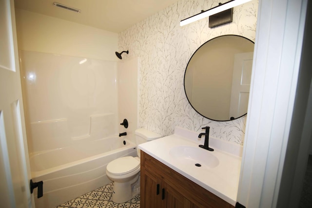 full bathroom featuring toilet, shower / tub combination, tile patterned flooring, and vanity