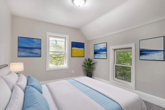 bedroom featuring lofted ceiling and carpet flooring