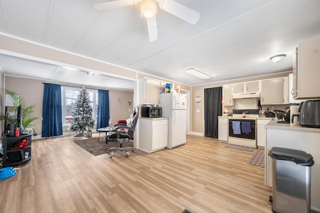 kitchen featuring ceiling fan, white appliances, light hardwood / wood-style flooring, and white cabinets