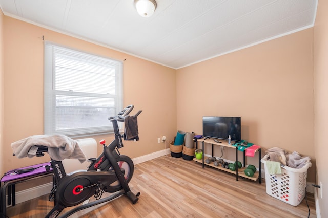 workout room with crown molding, a healthy amount of sunlight, and light wood-type flooring