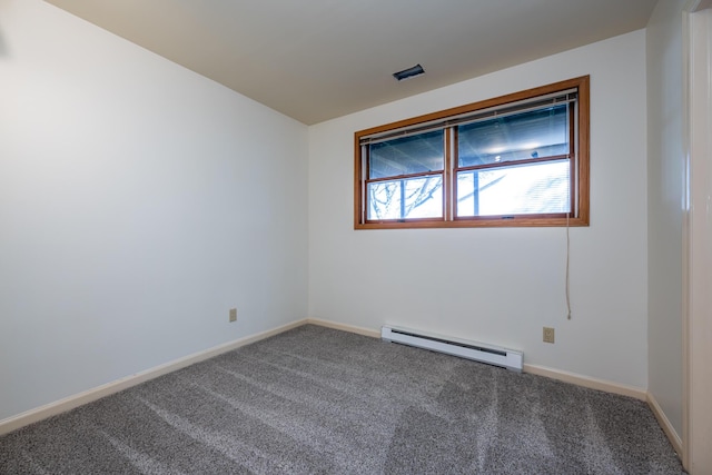 unfurnished room featuring carpet floors and baseboard heating