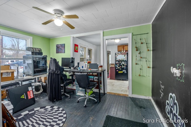 home office with ceiling fan, dark hardwood / wood-style flooring, and crown molding