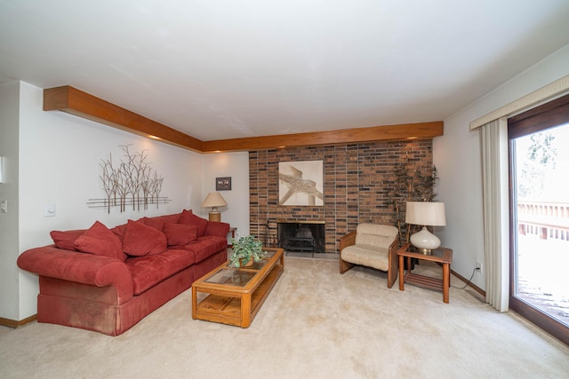 carpeted living room featuring a brick fireplace