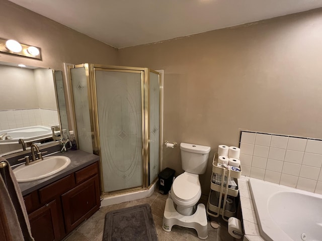 full bathroom with toilet, vanity, tile patterned flooring, and plus walk in shower