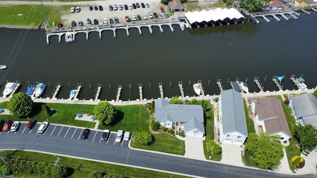 drone / aerial view featuring a water view