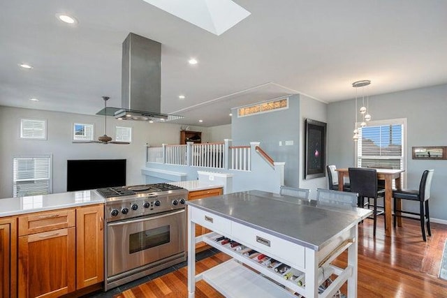 kitchen featuring high end stainless steel range, exhaust hood, a skylight, hanging light fixtures, and light wood-type flooring