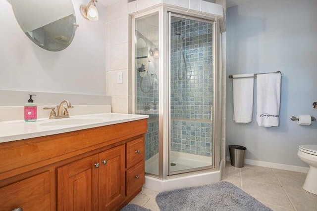 bathroom featuring tile patterned floors, walk in shower, toilet, and vanity