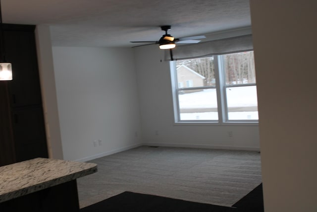 interior space with ceiling fan, plenty of natural light, and carpet floors