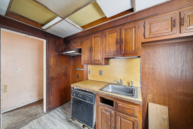 kitchen with sink, black dishwasher, and light hardwood / wood-style flooring