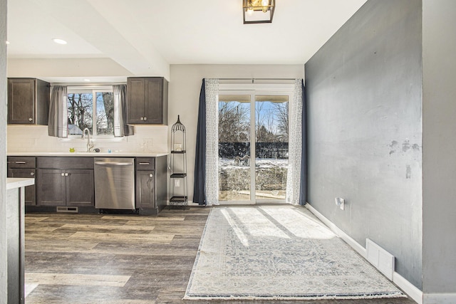 kitchen with dishwasher, plenty of natural light, dark brown cabinets, and dark hardwood / wood-style flooring