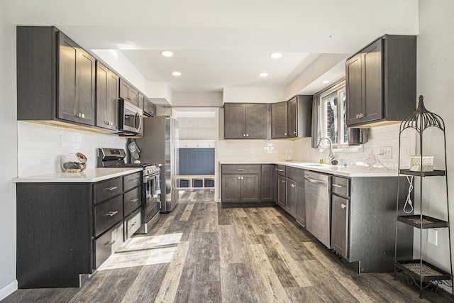 kitchen featuring dark brown cabinetry, stainless steel appliances, dark hardwood / wood-style floors, and sink