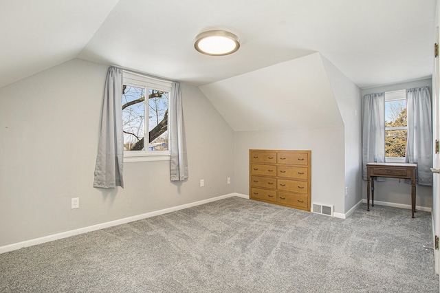 additional living space with lofted ceiling, a healthy amount of sunlight, and carpet