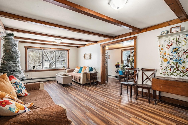 living room featuring dark wood-type flooring, beamed ceiling, and a baseboard radiator